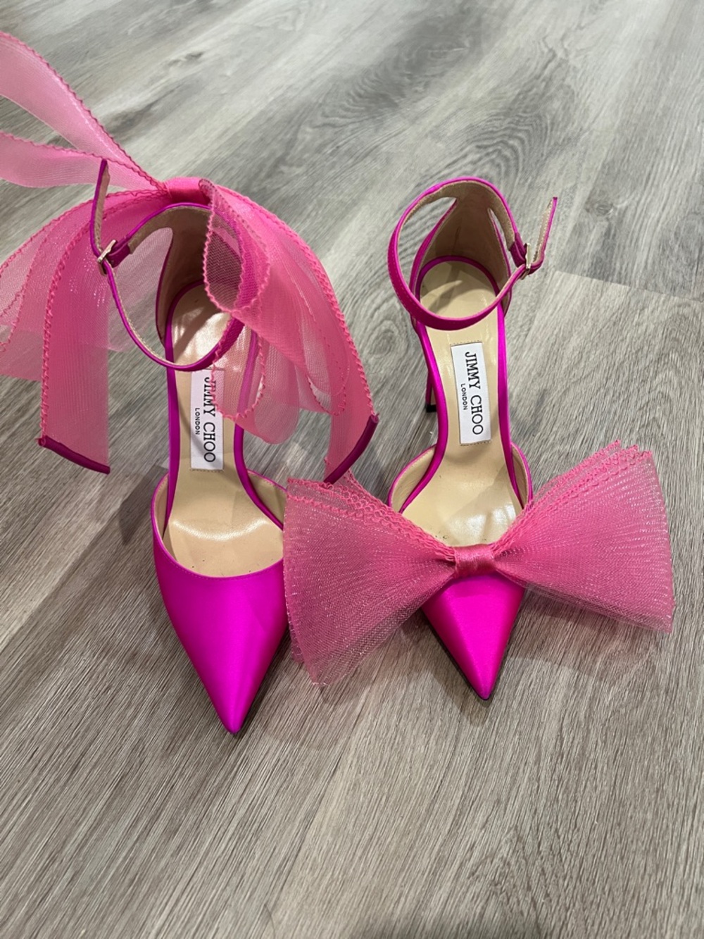 Jimmy Choo Hot Pink Satin Pointed-Toe Tulle Bow Ankle-Strap Pumps - Picture 2 of 7